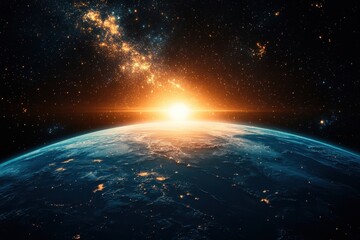 Obraz premium Stunning sunrise view over Earth from space highlighting vibrant colors and cosmic beauty
