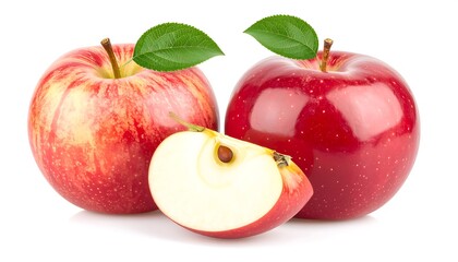 Two whole red and yellow apples and a slice against white background