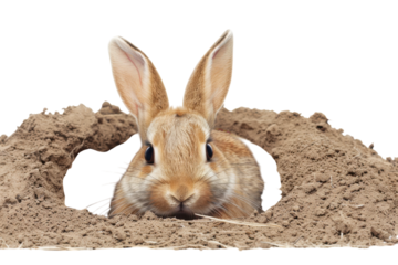 A curious rabbit peeking out from its cozy burrow in a sandy landscape during daylight hours isolated on transparent background