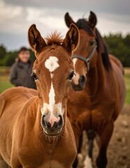Fototapeta premium Two horses, a foal and a slightly larger horse, in a field. A person is slightly visible in the background