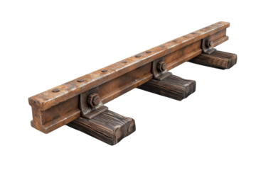 Rusty railway track on weathered wooden sleepers against a minimalistic backdrop isolated on transparent background