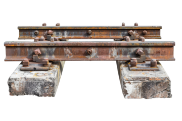 Rusty steel railway tracks on weathered concrete sleepers under bright daylight in an urban setting isolated on transparent background