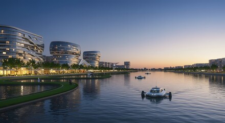 Obraz premium Modern City Buildings Along Riverside at Sunset with Boats
