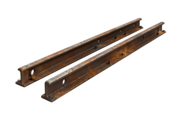 Rusty train tracks resting on a plain white background, showcasing decades of weathering and use isolated on transparent background