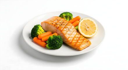 A healthy meal of grilled salmon fillet with steamed broccoli, baby carrots, and a lemon wedge on a white plate.