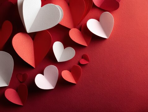 Colorful paper hearts on a vibrant red background - Powered by Adobe