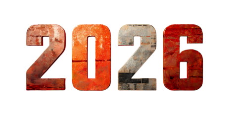 Year 2026 metallic figures against black backdrop depicting futuristic grunge style isolated