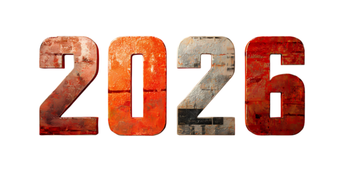 Year 2026 metallic figures against black backdrop depicting futuristic grunge style isolated