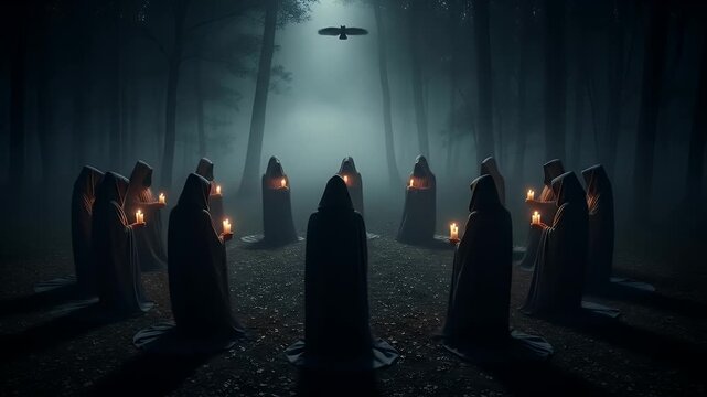 Mysterious Gathering In Dark Forest At Night With Figures In Hoods Holding Candles And A Bird Flying Overhead Creating An Eerie Atmosphere