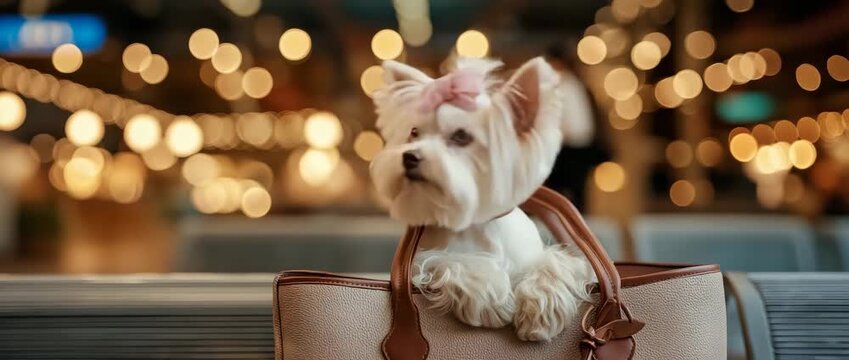 A cute white yorkshire terrier puppy sits in a luxury handbag. An adorable small dog with a pink bow looking around. Fashionable pet accessory concept with a bokeh background