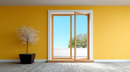 Window with a tree outside and a potted plant inside. The room is bright and airy, with a yellow wall and wooden floors