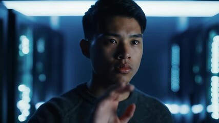 An East Asian man, in his twenties, expertly interacts with a glowing holographic digital interface within a futuristic server room, symbolizing cutting-edge technology and innovation. - Powered by Adobe