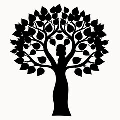 Silhouette of a tree with leaves and fruit with a woman figure integrated into the tree trunk design