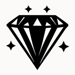 Black and white illustration of a diamond shape with sparkles surrounding it on a white background