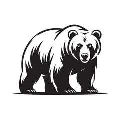 Bold Grizzly Bear Stance Vector Logo Mascot Black and White Illustration