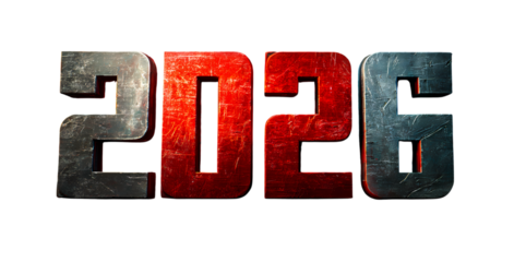 Distressed bold 2026 numerals industrial design isolated on black background represents the future year 2026