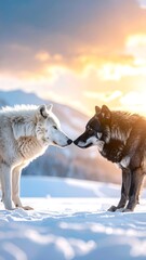 Two wolves face each other in a snowy landscape at sunset