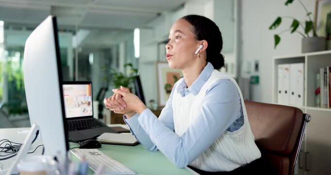 Computer, video call and woman wave in office with laptop, virtual meeting and conversation for hiring. Recruitment, hello and friendly employee with tech for online interview, talk and introduction. - Powered by Adobe