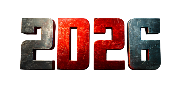 Distressed bold 2026 numerals industrial design isolated on black background represents the future year 2026