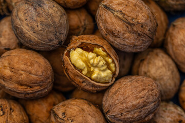 walnuts and kernels captured in a rustic natural setting. Some nuts are cracked open, revealing the...