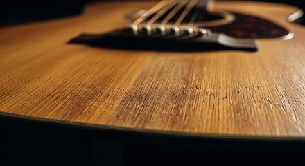 Close-up of an Acoustic Guitars Wooden Body and Bridge.