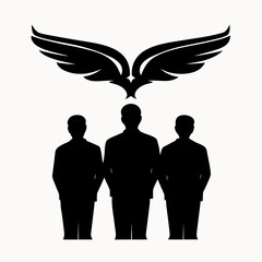 Silhouette of three people standing under a pair of wings in a black and white graphic design image