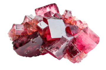 Vivid red and pink fluorite crystals glimmering under bright light in an artistic display isolated on transparent background