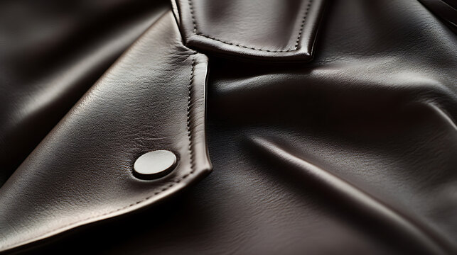 Leather garment close-up featuring fine stitching, soft textures, and a single button. Dark brown leather jacket detail with emphasis on material and craftsmanship.