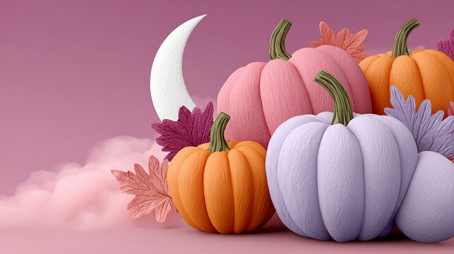 Group of pumpkins are arranged in a circle with a crescent moon in the background. The pumpkins are of different colors, including orange, pink, and purple. Concept of warmth and coziness