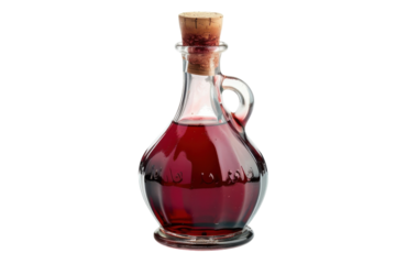 Artisanal glass bottle filled with rich red liquid sitting elegantly on a clean white surface isolated on transparent background