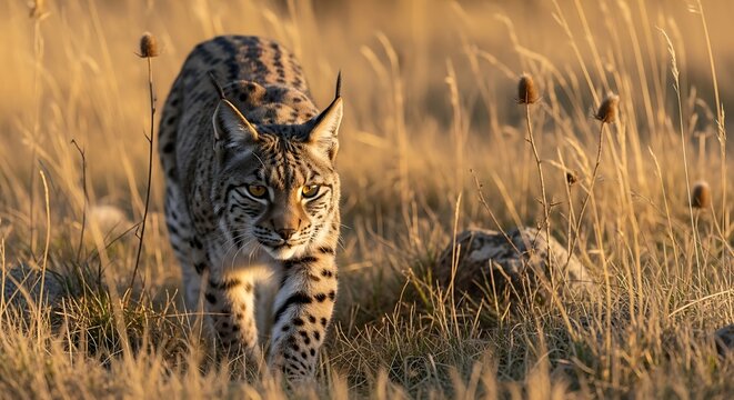 Bobcat Walking Through Dry Grass Field at Sunset.