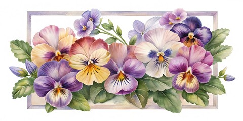 Obraz premium Watercolor Pansies in Rectangular Frame, A Delicate Floral Arrangement