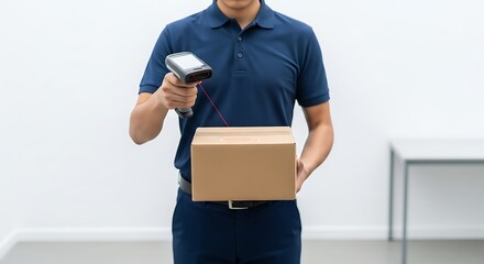 Delivery Man Using Barcode Scanner on a Cardboard Package.
