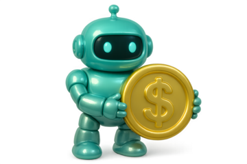 Futuristic teal cartoon robot holding golden coin, financial AI hospital assistant bot for digital healthcare automation, savings, and money management