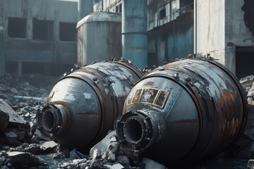 Abandoned industrial site with rusted machinery amidst crumbling structures