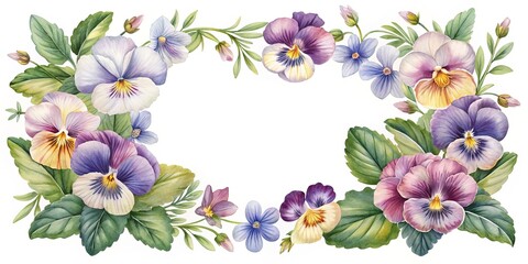 Watercolor Floral Frame with Pansies and Forget Me Nots for Invitations