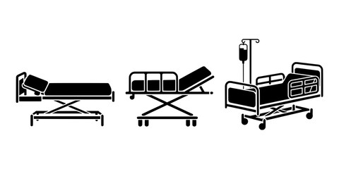 Three black silhouette medical bed icons: a hospital bed with an elevated headrest, a gurney with a segmented mattress, and a wheeled hospital bed with an IV pole and side rails.