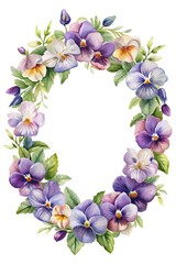 Fototapeta premium Watercolor Violet Pansy Flowers Frame Wreath Illustration Isolated on White Background