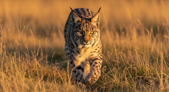 Bobcat walking through tall dry grass at sunset.