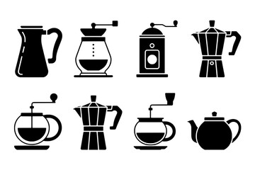 A Set of Eight Flat Black Glyph Icons: Coffee Grinders, Moka Pots, Pitcher, and Teapot Arranged in a 2x4 Grid