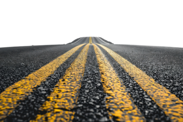 A long, winding road leads to a mysterious horizon under a cloudy sky in the early morning light isolated on transparent background