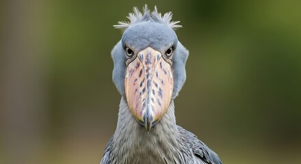 Close-up portrait of a shoebill stork, a large wading bird with a distinctive shoe-shaped bill, looking directly at the camera with an intense gaze.