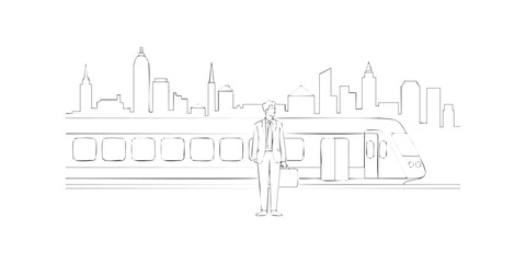 Obraz premium Man in suit with briefcase stands before a modern train and city skyline