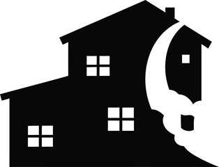 Silhouette of a multi-story house with a wrench symbol integrated into its structure suggesting home repair and renovation services vector