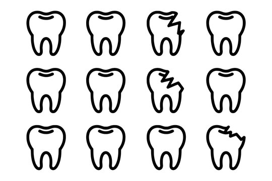 Grid of Twelve Outline Tooth Icons: Healthy, Cracked, and Chipped Variations for Dental Health