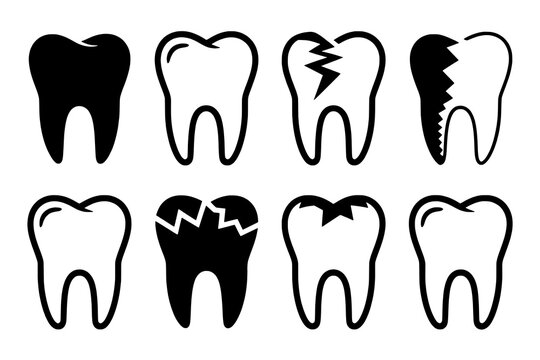 Eight Flat Vector Dental Icons: Healthy, Cracked, and Decayed Teeth in Solid Black and Outline Styles, Arranged in a 2x4 Grid on White - Powered by Adobe