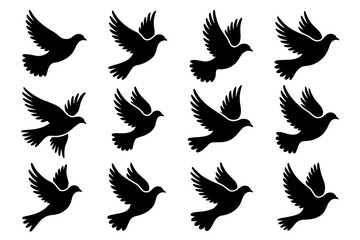 Obraz premium A grid of twelve solid black flying bird silhouettes, each with unique wing and tail positions, set against a pristine white background.