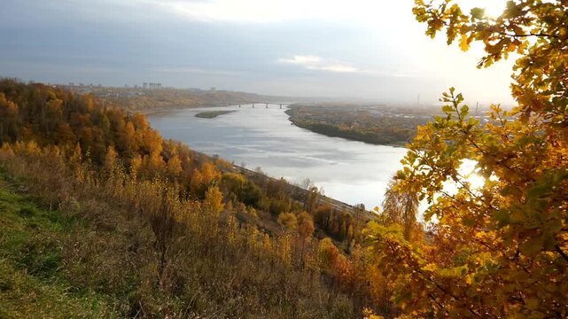 Golden autumn and the Oka River in October at Switzerland Park in Nizhny Novgorod Russia