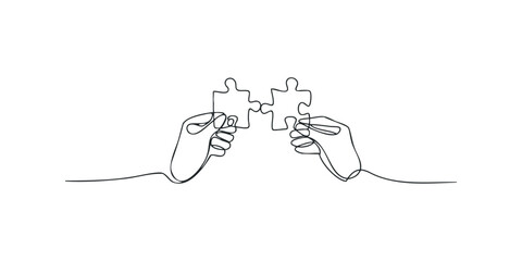 Hands connecting puzzle pieces with single line drawing