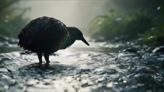 Weka bird wades through stream in natural environment, birdlife wildlife fauna. The weka searches water in the forest, river and stream.